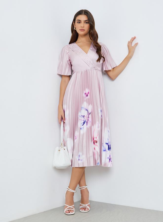 Styli Women Pink Floral Pleated Wrap Midi Dress - Image 5
